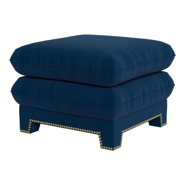 Bunny Williams Home Empire Ottoman in Navy Performance Velvet with French Brass Nail Heads For Sale