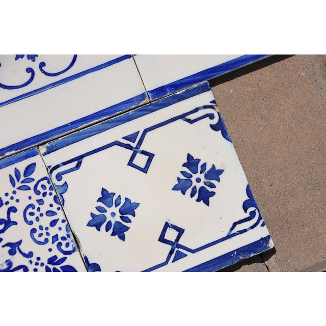 1920s Antique Art Deco Portuguese Blue & White Border Tiles Set of 7 For Sale - Image 6 of 11