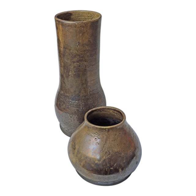 Late 20th Century Modern Glazed Pottery Vases in Earth Tones Donna Karan New York - Set of Two For Sale