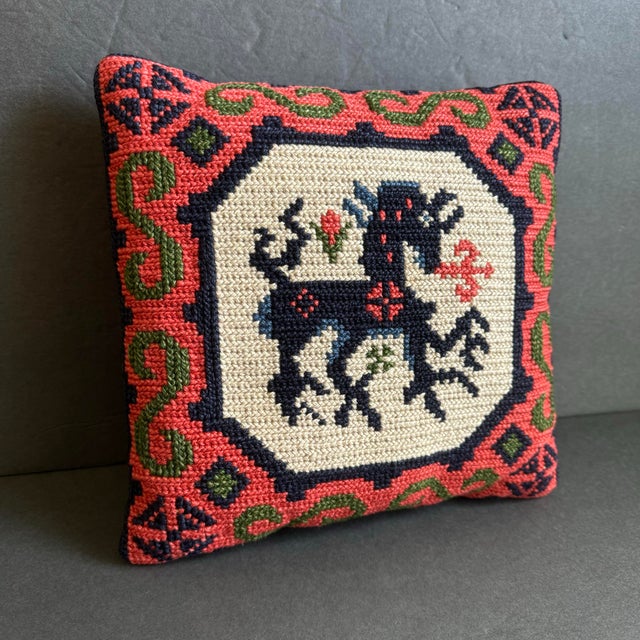Vintage Swedish Backahsten Horse Pillow Handmade Needlepoint Embroidered A charming petite accent pillow with a whimsical...