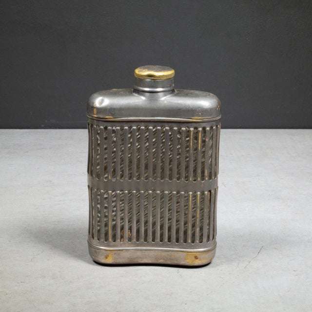 Art Deco Art Deco Prohibition Era Brass Plated Chrome Caged Glass Flask c.1920 For Sale - Image 3 of 9