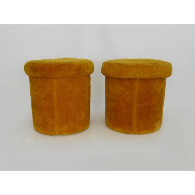 Pair of Faux Fur Poufs/Stools with Storage Compartments, Yellow-Orange Faux Fur, 1970s Beautiful pair of faux fur poufs...