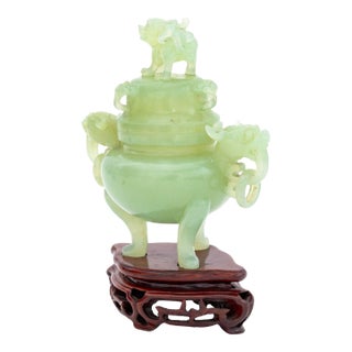 Chinese Carved Jade Foo Dog Covered Tripod Censer For Sale