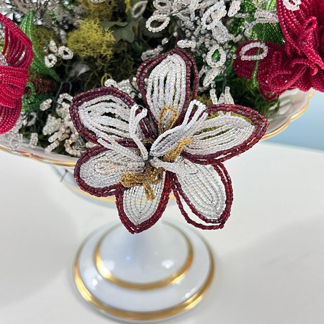 Limoges, France 1950s Beautiful Limoges porcelain compote with large French glass seed bead flowers // reticulated compote with gilt accents // Made in France For Sale - Image 4 of 10