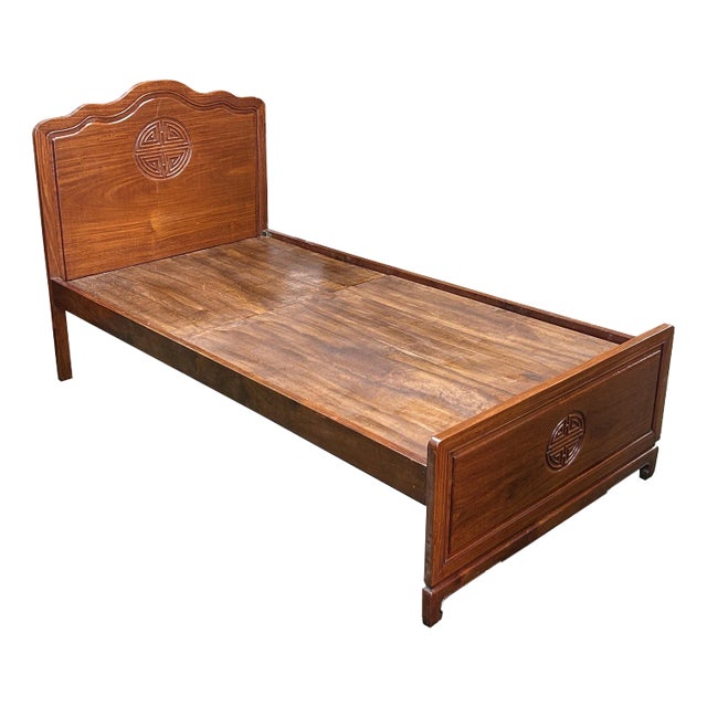 Chinese Oriental Simple Brown Solid Wood Full Size Single Bed Frame For Sale