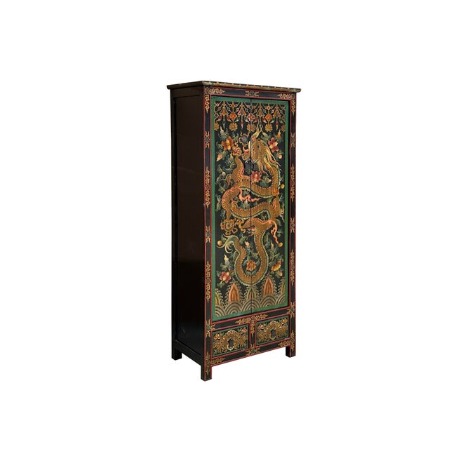Tibetan Style Golden Dragon Graphic Tall Slim Narrow Storage Cabinet For Sale - Image 4 of 10