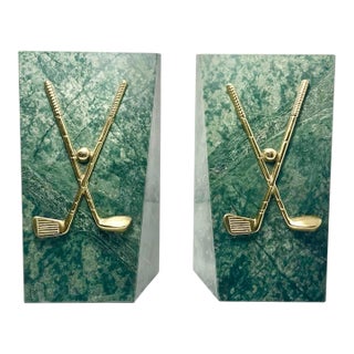 1990s Vintage Pair of Marble & Brass Golf Club Bookends For Sale
