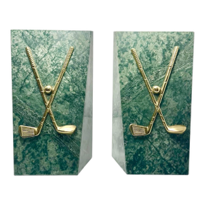 1990s Vintage Pair of Marble & Brass Golf Club Bookends