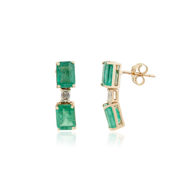 Metal 3.76 Ct Emerald & Diamond Art Deco Drop Earrings in 14k Yellow Gold- A Pair For Sale - Image 7 of 15