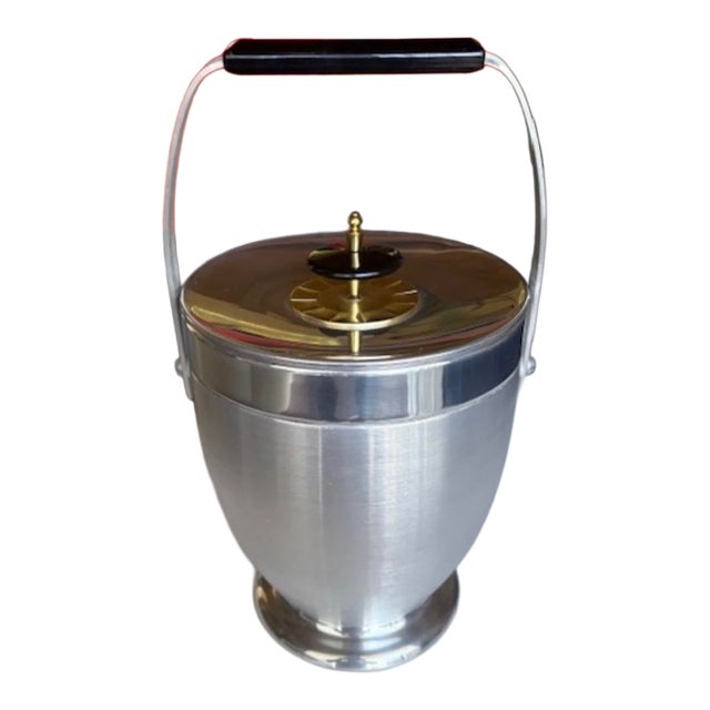 Vintage Mid-Century Modern Aluminum Ice Bucket With Gold-Tone Lid and Handle by Kromex For Sale
