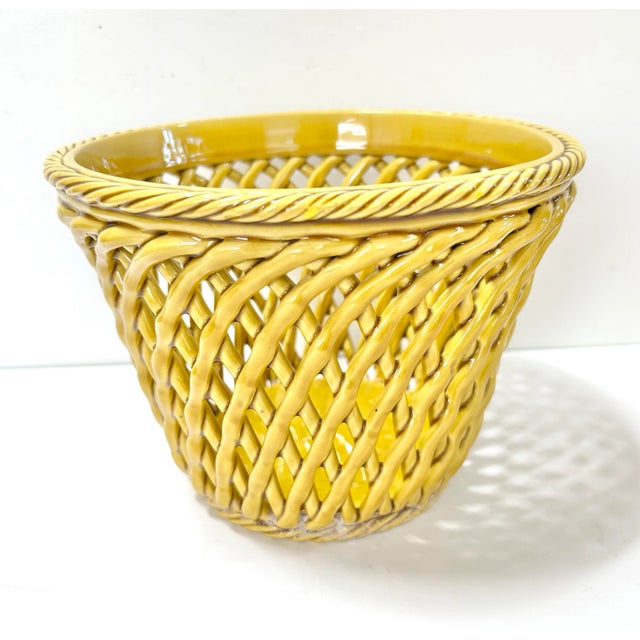 Traditional Vintage Italian Yellow Ceramic Basket Weave Cachepot Planter For Sale - Image 3 of 10
