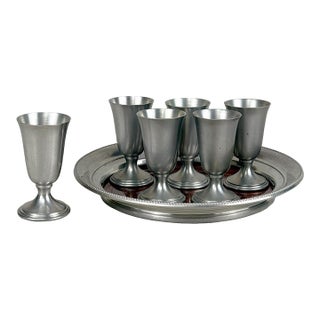 Mid-Century Pewter & Rosewood Formica Cordial Shot Glass Serving Bar Set For Sale
