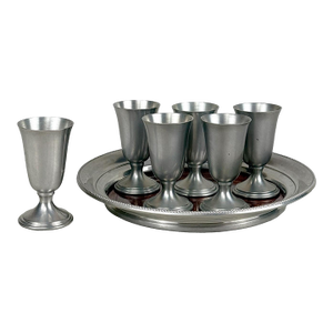 Mid-Century Pewter & Rosewood Formica Cordial Shot Glass Serving Bar Set