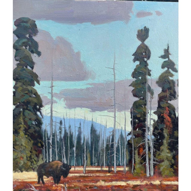 Brown Original John Loughlin 'bison in Yellowstone Park Landscape Oil Painting For Sale - Image 8 of 10
