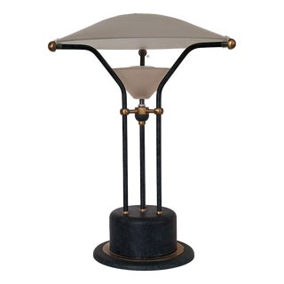Vintage Table Lamp with Green Metal Base and Frosted Glass Shade, 1990s For Sale