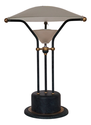 Vintage Table Lamp with Green Metal Base and Frosted Glass Shade, 1990s