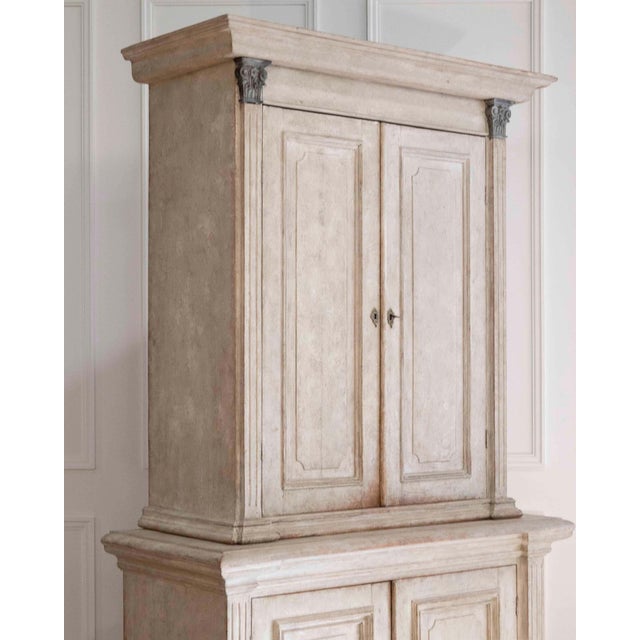 Greige Tall Swedish cabinet in soft grey, two-piece, early‑mid 19th century For Sale - Image 8 of 11