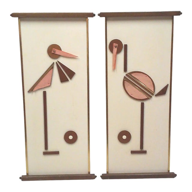 Mid-Century Flamingo Storck Ostrich Wall Art-a Pair For Sale