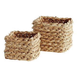 Abaca French Braid Storage Baskets Square, Set of 2 For Sale