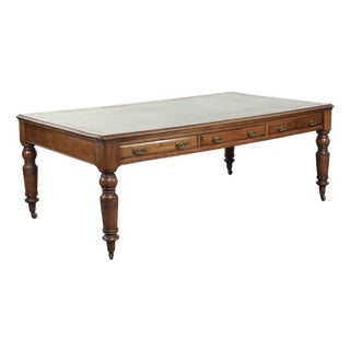 Antique English Writing Desk on Wheels with Drawers and Green Leather Top For Sale
