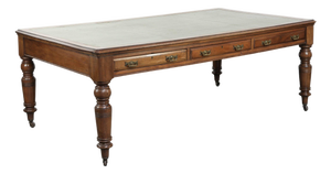 Antique English Writing Desk on Wheels with Drawers and Green Leather Top