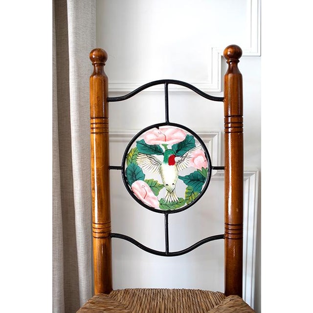 Brown Vintage Hand Painted Folk Art Dining Chairs With Woven Rush Seats - Set of 5 For Sale - Image 8 of 13