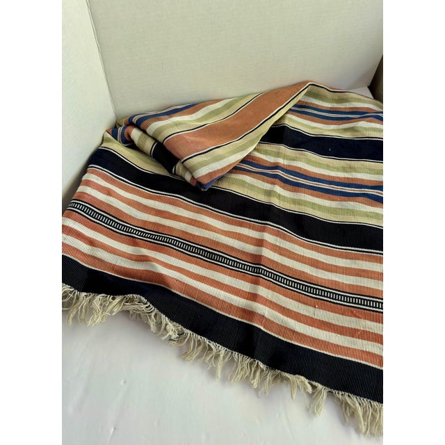 Textile Vintage Handwoven Striped Throw Blanket With Fringe, Viscose & Cotton For Sale - Image 7 of 7