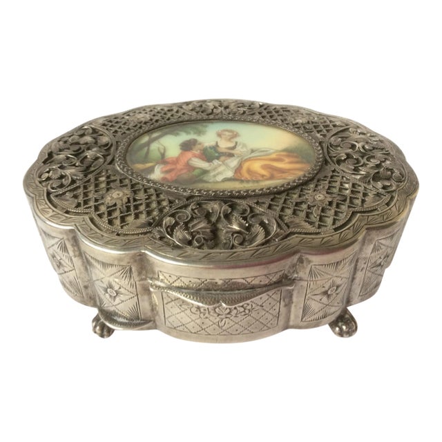 European Silver Jewel Box With Painting For Sale