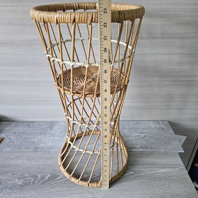 Boho Chic 1990s Handcrafted Boho Rattan Wicker Floor Plant Stand For Sale - Image 3 of 10