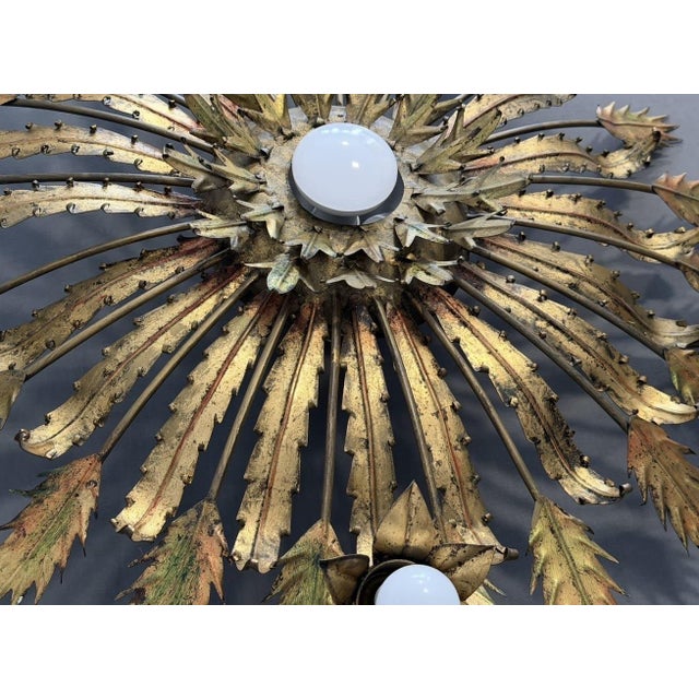 Gold Spanish Ceiling Lamp with Gilded Iron and Floral Motif, 1950s For Sale - Image 8 of 9