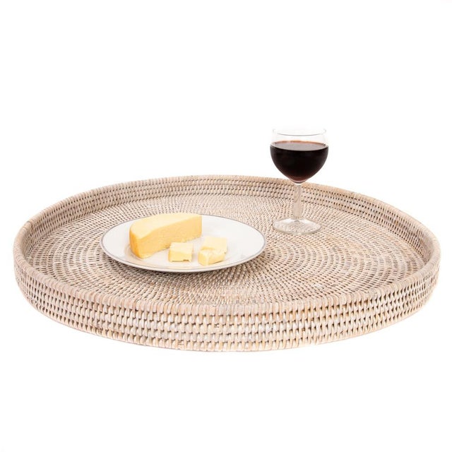 2020s Artifacts Rattan Round Serving / Ottoman Tray in White Wash - 19" For Sale - Image 5 of 6