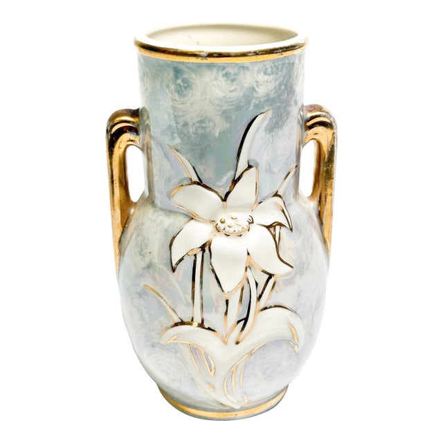Art Deco 1940s Pearl Double Handled Floral Lily 22kt Gold Lusterware Vase For Sale