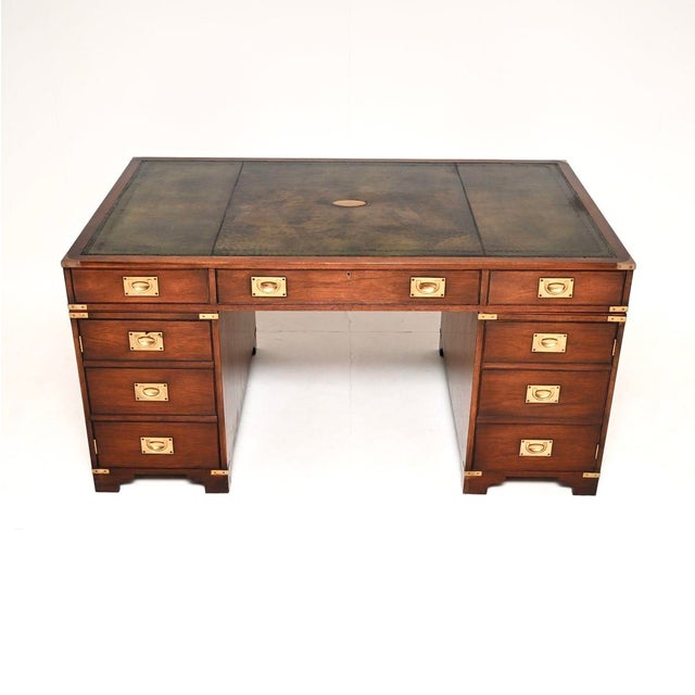 Antique Leather Top Military Campaign Partners Desk, 1950 For Sale - Image 3 of 11