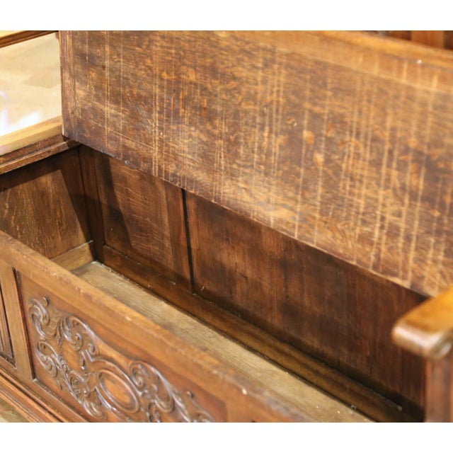 Linen 19th Century French Gothic Oak Hall Stand Bench Heraldic Crest and Linen Fold Panels For Sale - Image 8 of 14