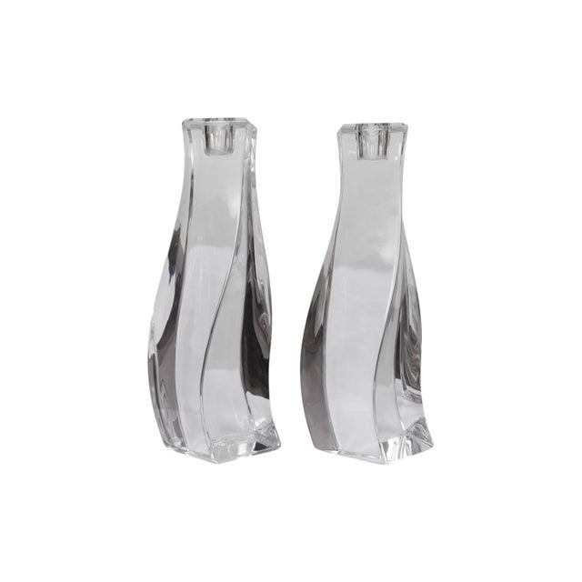 Contemporary Signed Orrefors Twisted Lead Crystal Candlestick Holders, a Pair For Sale - Image 3 of 5