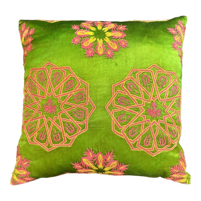 Silk Hand Embroidered Suzani and Ikat Hand Dyed Pillow With New Insert For Sale