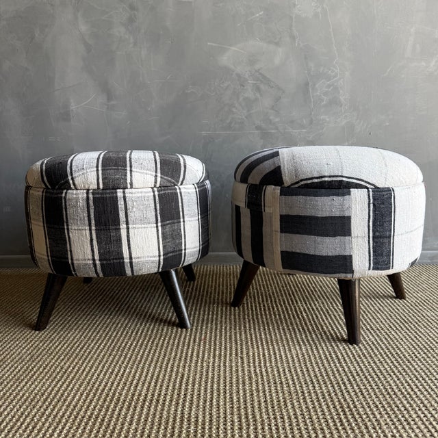Not Yet Made - Made To Order Pair of Modern Neutral Gray, Black & Greige Stripe Ottomans Made From Vintage Turkish Rugs For Sale - Image 5 of 8