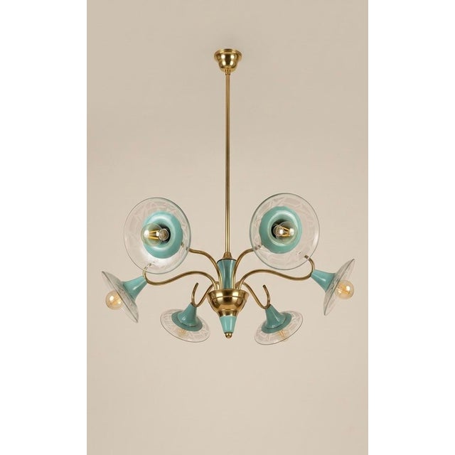 Mid-Century Modern Italian Brass and Turquoise 6-Arm Chandelier With Etched Glass Shades, 1950s For Sale - Image 4 of 5