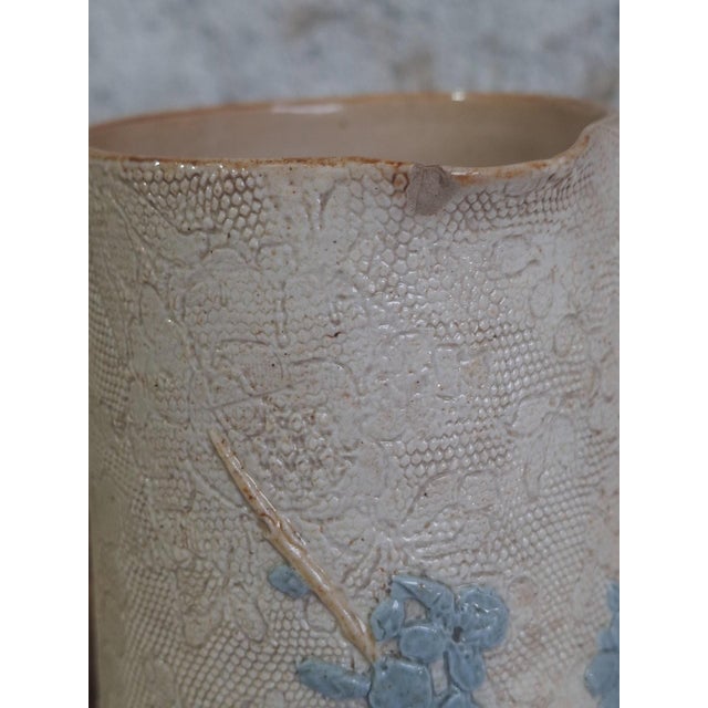 Blue Silicon Ware Pitcher with Embossed Floral Decor from Doulton & Slaters, 1884 For Sale - Image 8 of 10