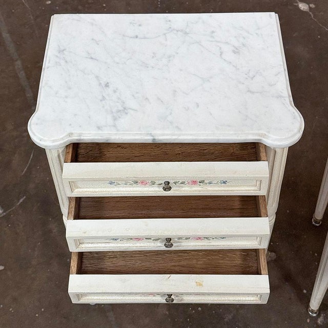 Late 20th Century Pair French Louis XVI Painted Side Tables ~ Nightstands With Carrara Marble For Sale - Image 16 of 18