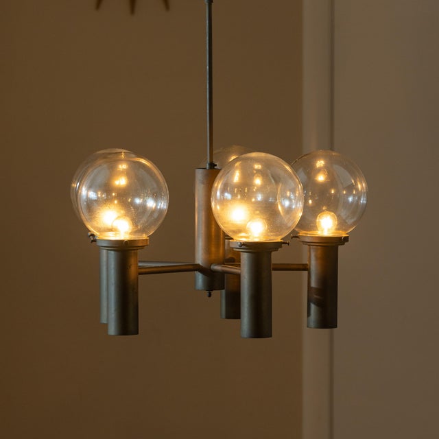 1960s Robert Long 5-Light Solid Brass & Hand-Blown Glass Chandelier, California Modern For Sale - Image 9 of 14
