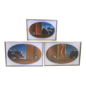 WPA Era 1930s/1940s Oil on Oval Canvas Grouping of 3 Paintings of Trains With Ribbon and Floating Ball