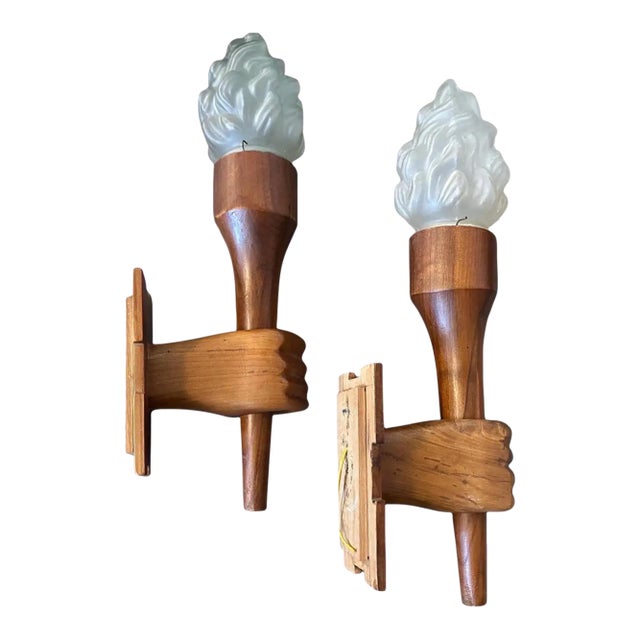 Set of Two 1940s Art Deco Wood and Glass Italian Wall Sconces For Sale