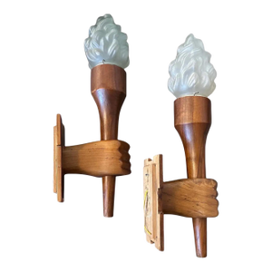 Set of Two 1940s Art Deco Wood and Glass Italian Wall Sconces