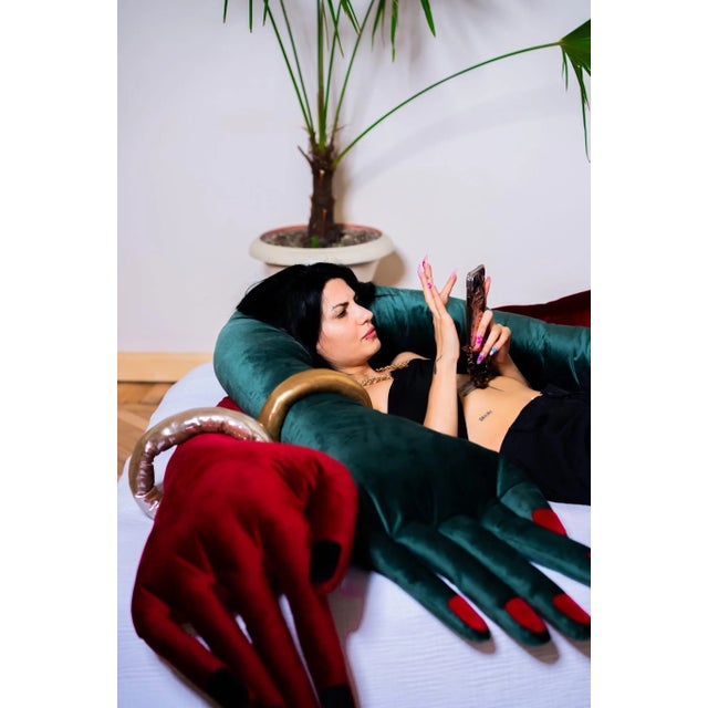 Modern Green Hand Pillow, Unique Decorative Cushion , Creative Home Decor Accent For Sale - Image 3 of 4