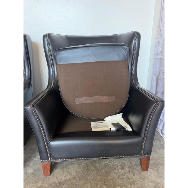 Pair of Thomasville Black Leather Wingback Lounge Chairs For Sale - Image 12 of 17