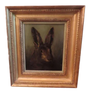 19th Century Hare Portrait Oil Painting on Wood Panel in Gilt Wood Frame