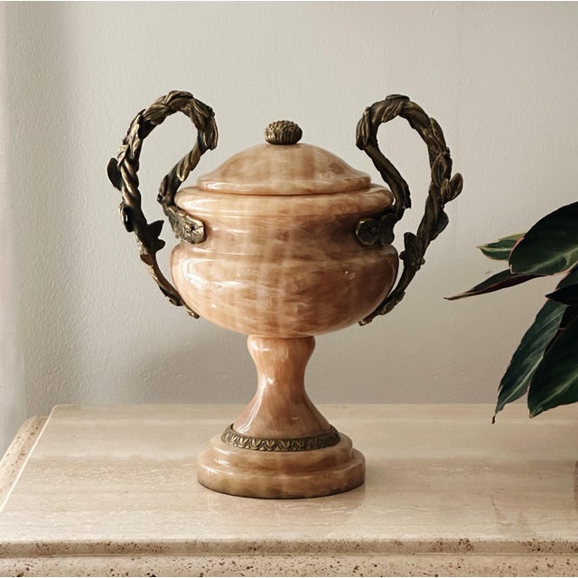Metal Vintage Solid Marble + Brass Urn Centerpiece For Sale - Image 7 of 7