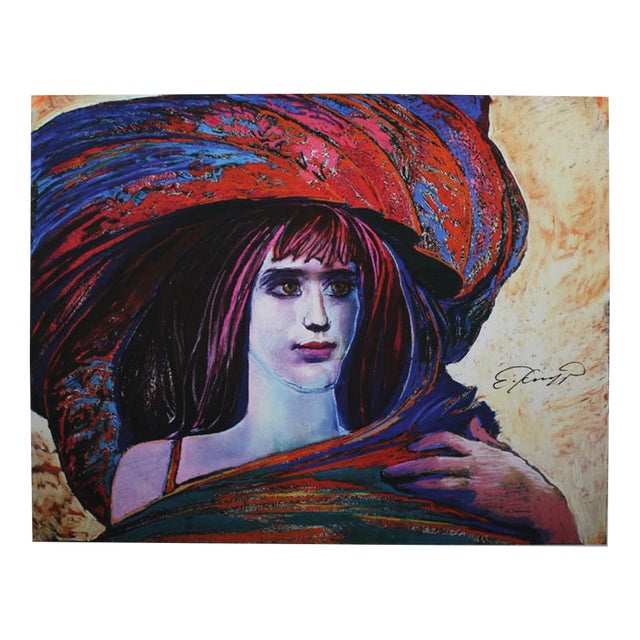 Ernst Fuchs, Woman with Big Hat, Print on Cloth For Sale