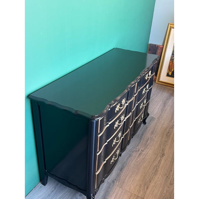1970's High Gloss Black Lacquered French Provincial Dresser of Nine Drawers For Sale - Image 16 of 16